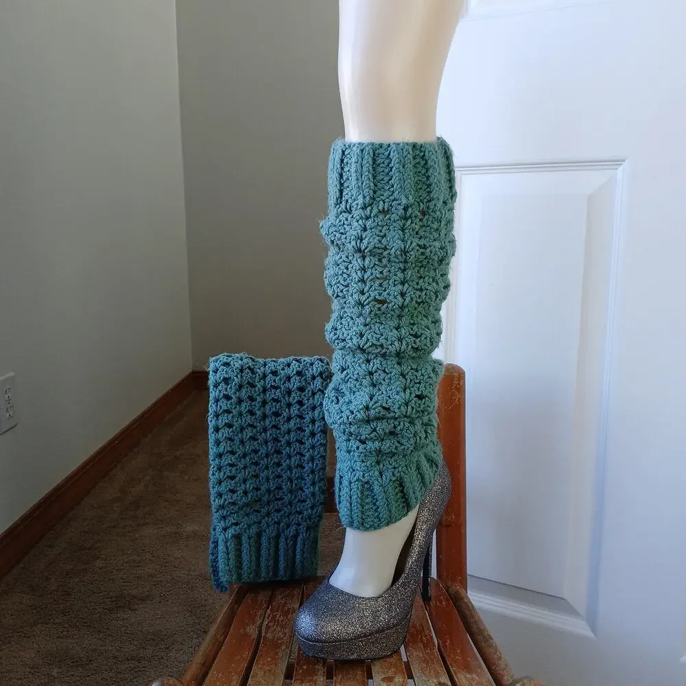 Fern Green Leg Warmers OSFM crochet warm thick chunky over knee dance premade